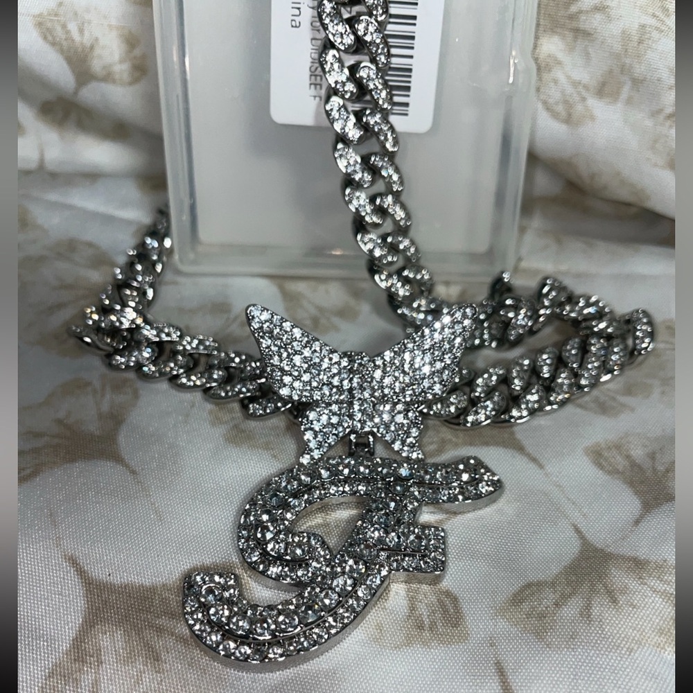 Silver Rhinestone Necklace with Initial Pendant